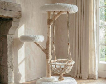 Modern Cat Tree Natural Wood, Tower Furniture with Cozy Hammock and Jute Scratcher