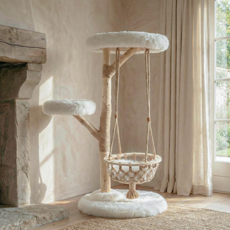 Modern Cat Tree Natural Wood, Tower Furniture with Cozy Hammock and Jute Scratcher image 1
