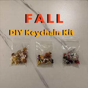 May include: Three clear plastic bags containing DIY keychain kit components. The text FALL DIY Keychain Kit is displayed above. The bags hold assorted beads, metal charms, and rings in autumn-themed colors including orange, brown, and metallic tones.