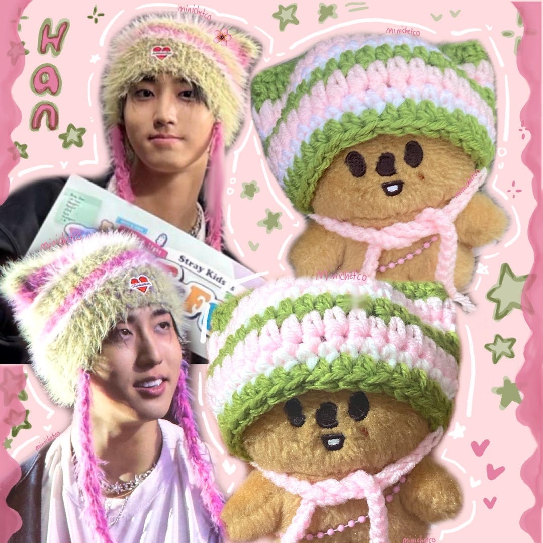 Stray Kids Skzoo Han Quokka Handmade Crochet Pink Green Hat Beanie