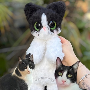 Könnte beinhalten: Ein Plüschkatzenspielzeug mit schwarz-weißem Fell, großen grünen Augen und einer rosa Nase. Der Text "Custom soup cat!" steht oben und "crochetminico" ist in der Mitte aufgedruckt. Unten sind zwei echte schwarz-weiße Katzen zu sehen.