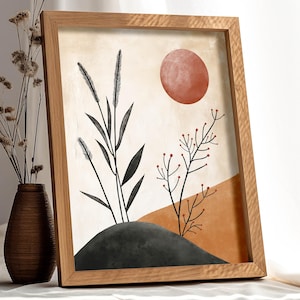Boho Autumn Abstract Printable Art - Minimalist Floral Poster in Mid-Century Style with Warm Orange Colors