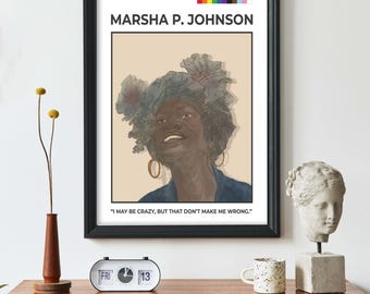 Marsha P Johnson Print portrait of LGBTQ+ icon - Unique LGBTQ+ Art Print - Trans Rights & Black History Poster