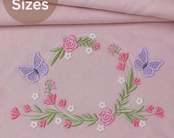 Floral Butterfly Wreath Machine Embroidery Design, butterfly,Pink Rose Botanical Frame- 3 Sizes