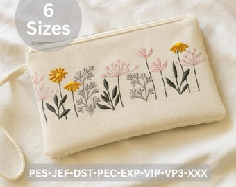 Wildflower Border Embroidery Design | Colorful Floral Machine Embroidery Pattern with Pink and Orange Flowers | 6 Sizes Instant Download