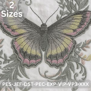 May include: Embroidered butterfly design with gray, yellow, and pink details, surrounded by floral accents. The image includes the text "2 Sizes" and file type codes.