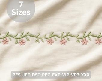 Green Vine with Pink Flowers Border Embroidery Design, 7 Sizes, Floral Border Pattern for Machine Embroidery