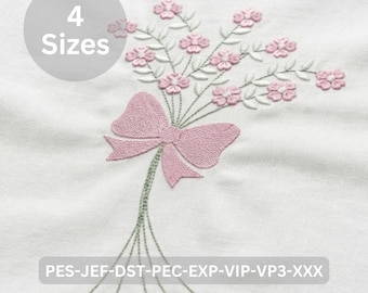 Pink Flower Bouquet Embroidery Design, Floral Ribbon Bow Stitch Machine Embroidery - 4 Sizes