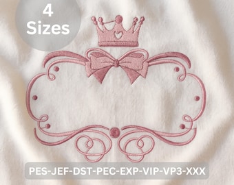 Princess Frame Embroidery Design | Crown and Bow Decorative Border | 4 Sizes Included | Instant Download