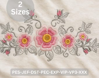 Pink Floral Border Embroidery Design, Elegant Flower Vine Machine Embroidery Pattern, Instant Download 2 Sizes