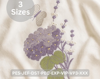 Hydrangea Butterfly Embroidery Design | Elegant Floral Branch with Butterfly | 3 Sizes Included | Instant Download