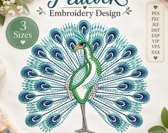 Peacock Machine Embroidery Design, Elegant Bird Feather Digital File - 3 sizes