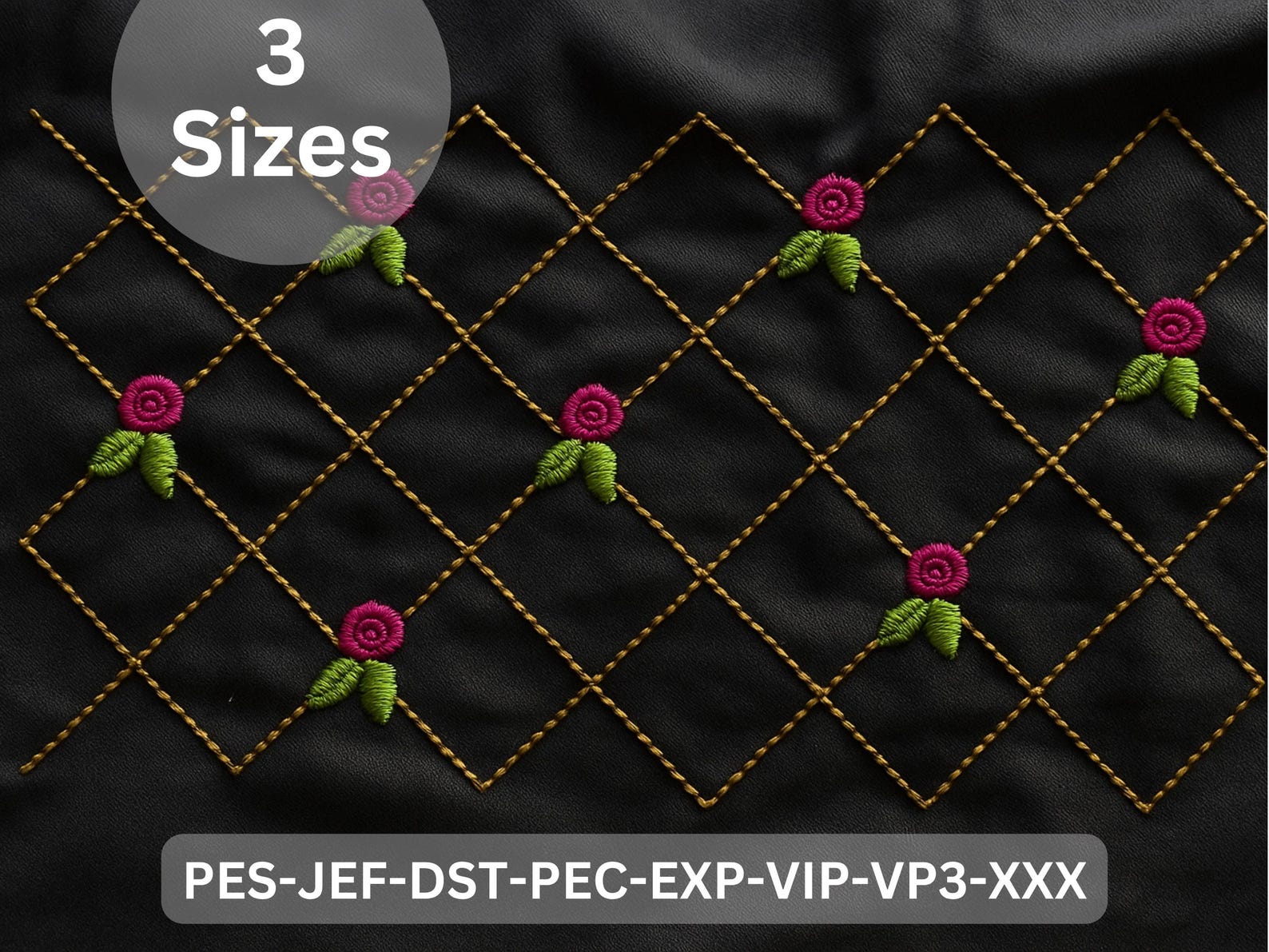 Pink Rose Diamond Grid Embroidery Design, 3 Sizes, Floral Machine ...