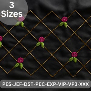 May include: Black fabric with a gold diamond grid pattern, each intersection featuring a pink rose with green leaves. The image includes the text "3 Sizes" and a list of file formats.