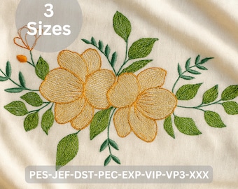 Yellow Flower Embroidery Design, Machine Embroidery Floral Pattern, Instant Download, 3 Sizes