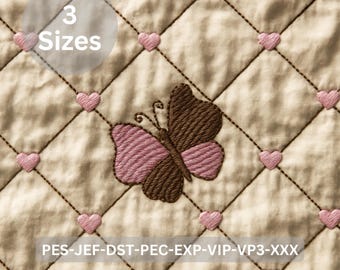 Butterfly with Heart Grid Embroidery Design, 3 Sizes, Machine Embroidery Pattern for Quilt & Clothing
