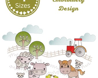 Farm Animals Tractor Machine Embroidery Design, Nursery Farmhouse Digital Download - 4 Sizes
