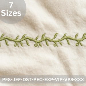 May include: A green embroidered vine pattern with leaves and swirls, on a cream-coloured background. The image includes the text "7 Sizes" in a circle and text at the bottom: PES-JEF-DST-PEC-EXP-VIP-VP3-XXX.