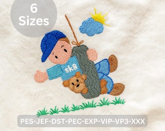 Motif de broderie de balançoire garçon sur pneu | Enfant jouant un motif de broderie machine | Fichier numérique – 6 tailles