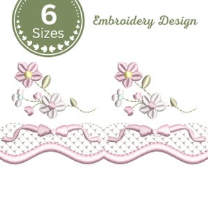 Scallop Lattice Lace Floral Border Machine Embroidery Design, Pfilesink Ribbon Bow Trim – 6 Sizes