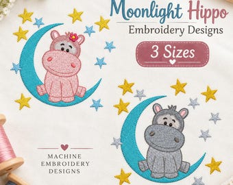 Hippopotamus Embroidery Design, Moonlight Hippo Machine Embroidery - 3  sizes