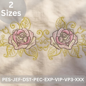 Pink Rose Border Embroidery Design, Elegant Floral Machine Embroidery Pattern, Instant Download 2 Sizes