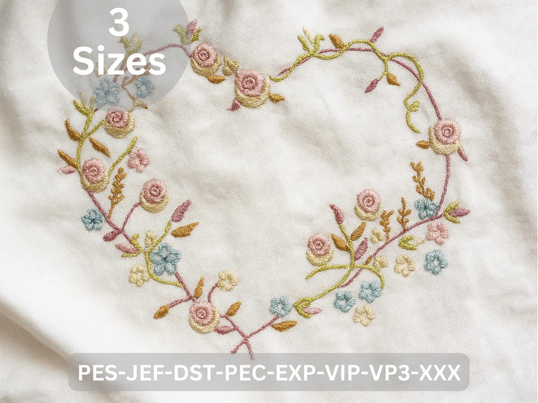 Floral Heart Wreath Embroidery Design – 3 Sizes – Machine Embroidery ...