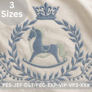 Rocking horse embroidery design with crown and wreath, baby nursery royal theme machine embroidery pattern in 3 sizes