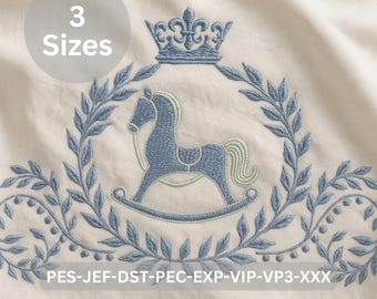 Rocking Horse Embroidery Design Baby Boy Nursery Crown Wreath Machine Embroidery Pattern Digital Download