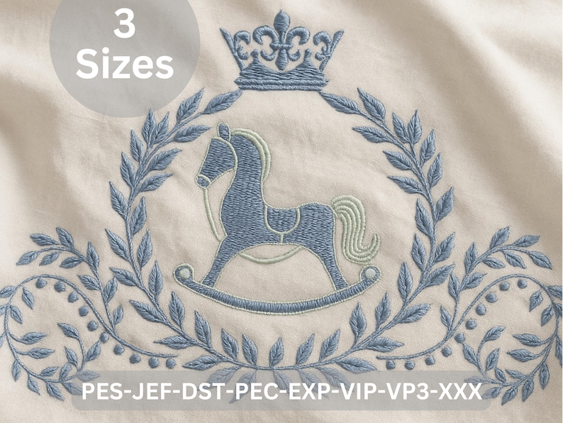 Rocking horse embroidery design with crown and wreath, baby nursery royal theme machine embroidery pattern in 3 sizes