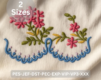Floral Border Embroidery Design, 2 Sizes, Delicate Flower and Leaves Pattern for Machine Embroidery