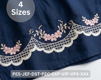 Floral Border Embroidery, Pink Flower Vine lace Machine Embroidery - 4 Sizes