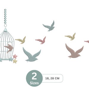 May include: An embroidered design featuring a birdcage with a bird inside and several birds flying around it. The design includes pastel colors and floral accents. The image also includes the text "2 Sizes" and measurements of 18 and 28 cm.