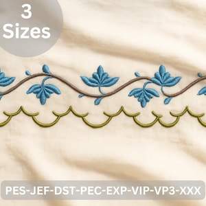 May include: An embroidered design featuring a brown vine with teal leaves and a scalloped olive green border. The text "3 Sizes" is in a circle at the top. The bottom of the image has the text "PES-JEF-DST-PEC-EXP-VIP-VP3-XXX".