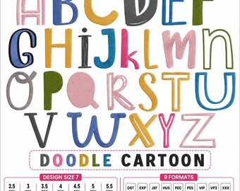 Doodle Cartoon Font Machine Embroidery Alphabet, 3D Drop Shadow Alphabet Letters - 7 sizes