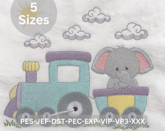 Elephant Train Embroidery Design | Baby Train Machine Embroidery File | 5 Sizes Included | Instant Download