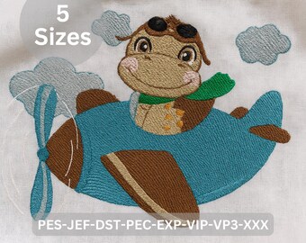 Pilot Horse in Airplane Embroidery Design | Flying Animal Machine Embroidery Pattern | Digital File – 5 Sizes