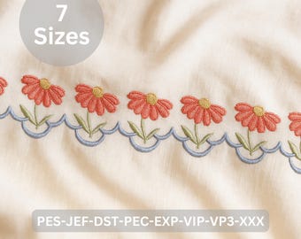 Red Daisy Floral Border Embroidery Design, 7 Sizes, Decorative Machine Embroidery Pattern for Sewing Projects