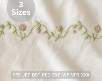 Floral Vine Border Embroidery Design Pink Buds and Green Leaves Machine Embroidery Pattern Digital Download for Towels Linens.