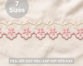 Pink Floral cut work Border Embroidery Design, 7 Sizes, Decorative Vine Edge Pattern for Machine Embroidery