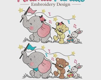 Animal Parade Band Machine Embroidery Design, Baby Elephant Bear Bunny Musical files - 3 Sizes