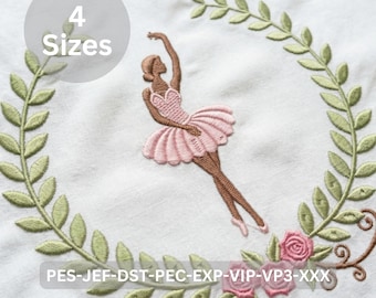 Floral Wreath Ballerina Embroidery Design, Dancing Girl Machine Embroidery - 4 Sizes