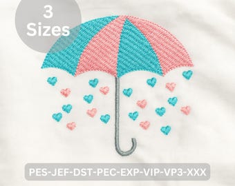 Umbrella with Heart Rain Embroidery Design | Cute Love Shower Machine Embroidery Pattern | Digital File – 3 Sizes