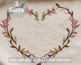 Heart Wreath Branch Embroidery Design – 3 Sizes Included – Floral Machine Embroidery File| Digital Download | Multiple File Formats