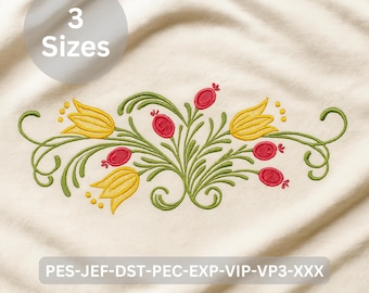 Elegant Floral Border Embroidery Design | Swirl Flower Machine Embroidery Pattern | Digital File – 3 Sizes