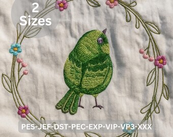Green Bird in Floral Wreath Embroidery Design | Cute Bird Frame | 2 Sizes Included | Instant Download
