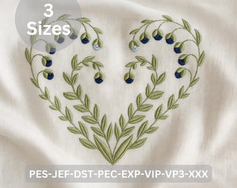 青い花のハート型リースの手刺繍パターン、ハートの刺繍、青い花の