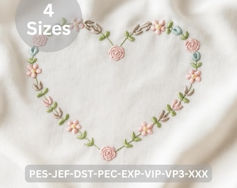 Floral Heart Wreath Embroidery Design Wedding Valentine Anniversary Romantic Flower Frame Machine Embroidery Pattern.