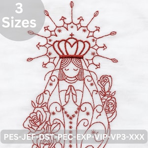 Virgin Mary Embroidery Design Redwork Religious Machine Embroidery Pattern with Crown and Roses 3 Sizes