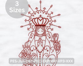 Virgin Mary Embroidery Design Redwork Religious Machine Embroidery Pattern with Crown and Roses 3 Sizes